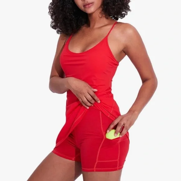 Red Sleeveless Tennis Dress with built in shorts and pockets - Picture 4 of 5